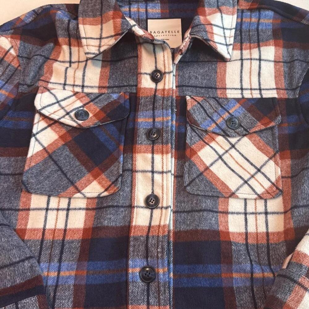 Bagatelle blue, orange, and beige plaid cropped jacket #plaid #cropped